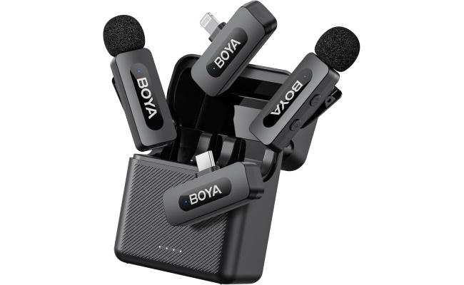 BOYA BY-V3 Combo Wireless Microphone for iPhone Android Smartphone,100M Los Range,36H Duration,Noise Cancellation,Plug&Play Lavalier Lapel Mics for Vlogging Interview 2-in-1 Charging Case(2TX+2RX)